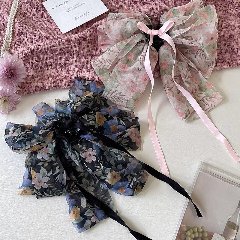 Французский Винтажный Цветочный Бант Трепещущая Лента Захват Зажим Женский Элегантный Темперамент Пан Заколка для Волос Акула Аксессуары для Волос для Девочек