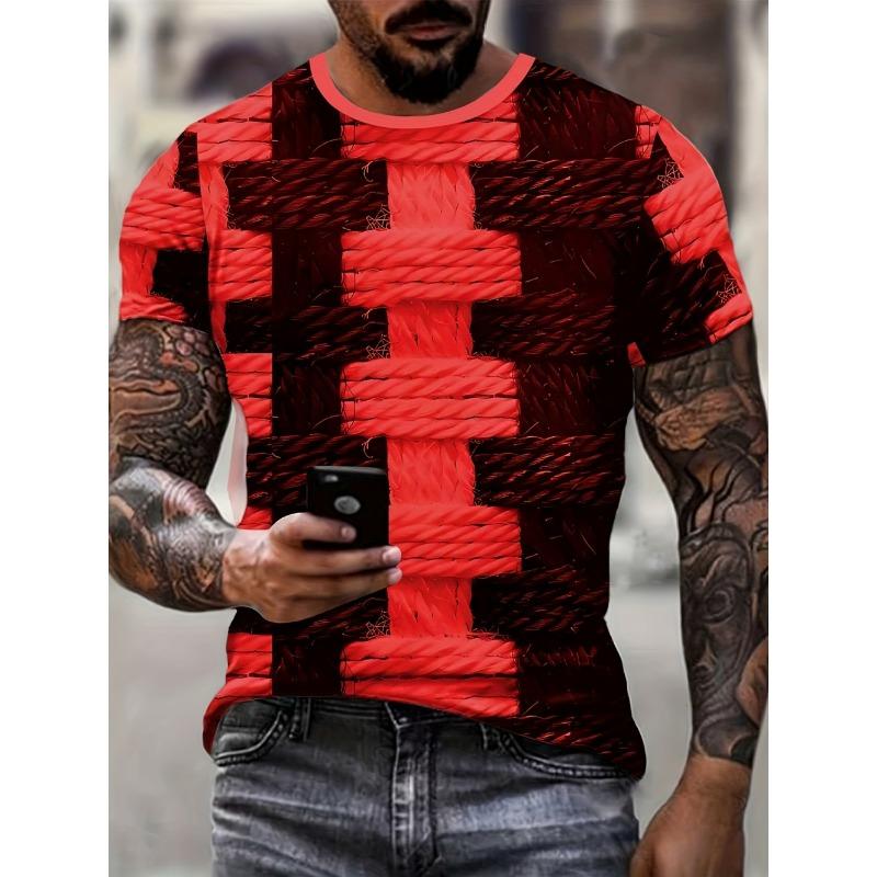Мужская модная цифровая печать Футболка Дизайн Color-Blocking Повседневный Удобный Круглый вырез Короткий рукав Топ Для повседневной носки Мужская одежда