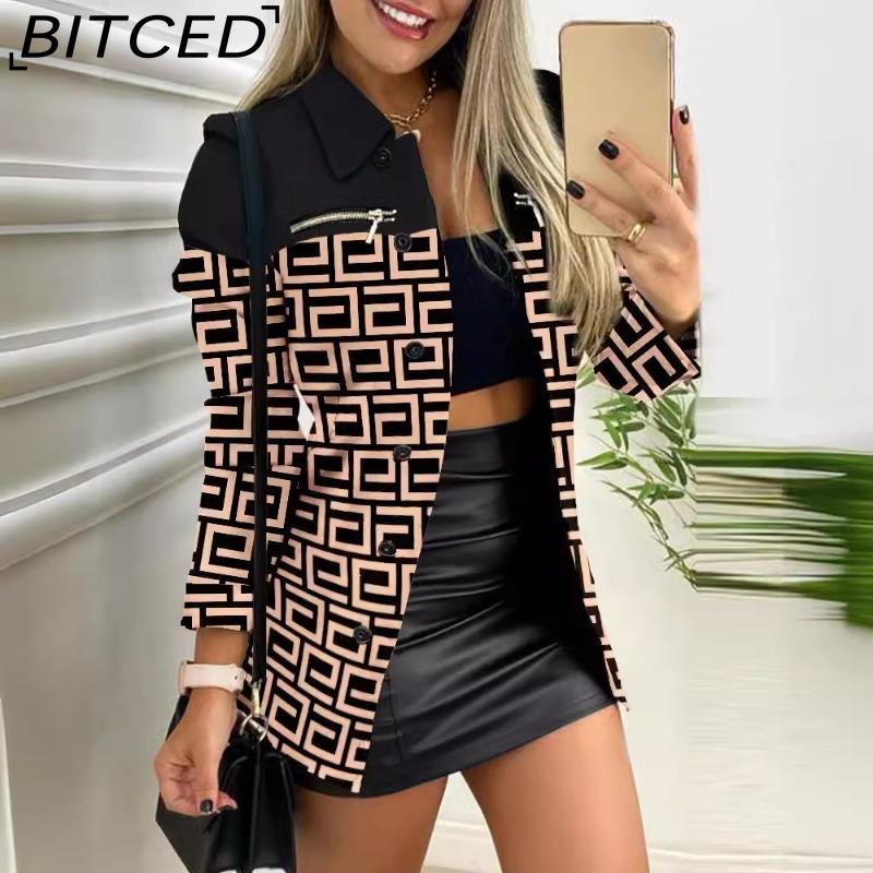 BITCED Женские винтажные повседневные куртки и пальто с решетчатым принтом, осенне-зимние куртки-поло с длинными рукавами и воротником