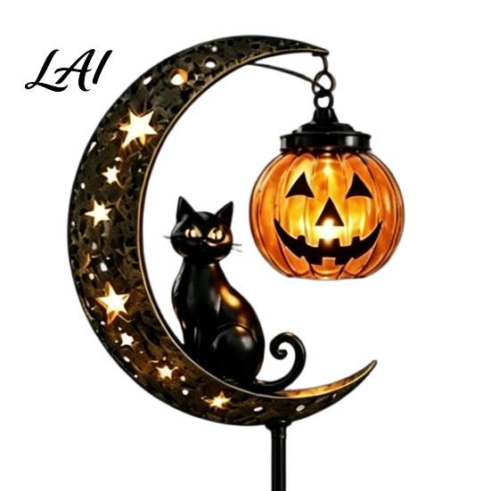 No Wiring Outdoor Halloween Light Black Cat Moon Stake Light Solar Metal Pumpkin Lantern with Decorative Lights for Garden Warm Glow Spooky