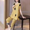 Plus Size Women Clothing Stretch Loose Pleated 2PCS Set Summer Polka Dot Round Neck Short Sleeve Top + Pencil Pants