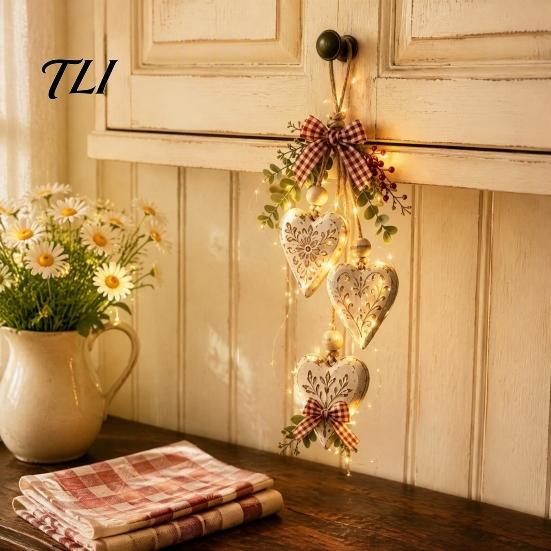 Rustic Office Wall Hanging Heart-Shaped Wooden Decorative Ornaments with LED Light, Farmhouse Heart Pendant Boho Bedroom Accents Vintage Beads & Jute
