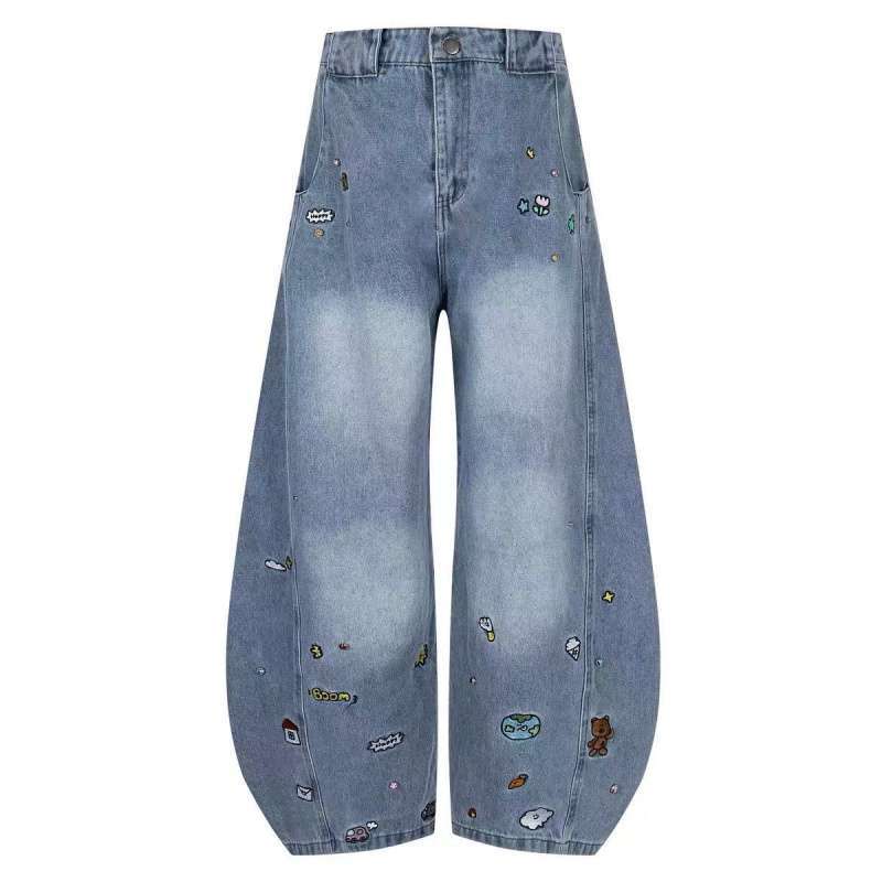 JYL Женские Повседневные Брюки Весна Флис Вышитые Свободные Широкие Bootcut Джинсовые