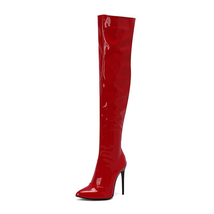 Women Patent Leather Over the Knee Boots Purple Stiletto High Heels Shoes Red Pointed Toe Warm Lady Sexy Party Thigh Boots