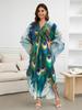 EDOLYNSA 2024 Green Peacock Plume Printed Beach Dress V-neck Side Split Plus Size Kaftan Summer Boho Swimsuit Coverup For Women Cozy House Robe Q1588