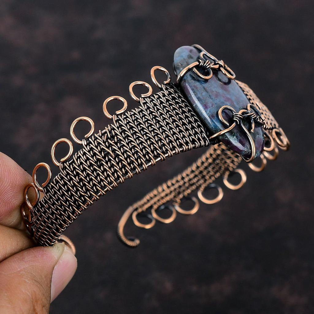Браслет-манжета из рубина в синем кианите, медная проволока, обернутая манжетой, ручной работы, драгоценный камень, регулируемый браслет-манжета, ювелирные изделия из медной проволоки для подарка