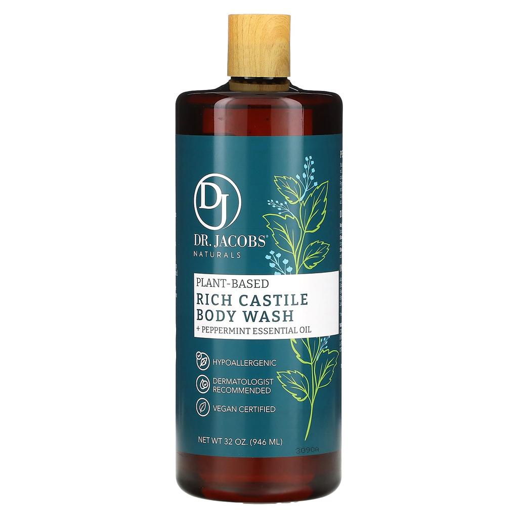 Dr. Jacobs Naturals Botanical Rich Castile Body Wash, Peppermint Essential Oil, 32 Oz (946 Ml)
