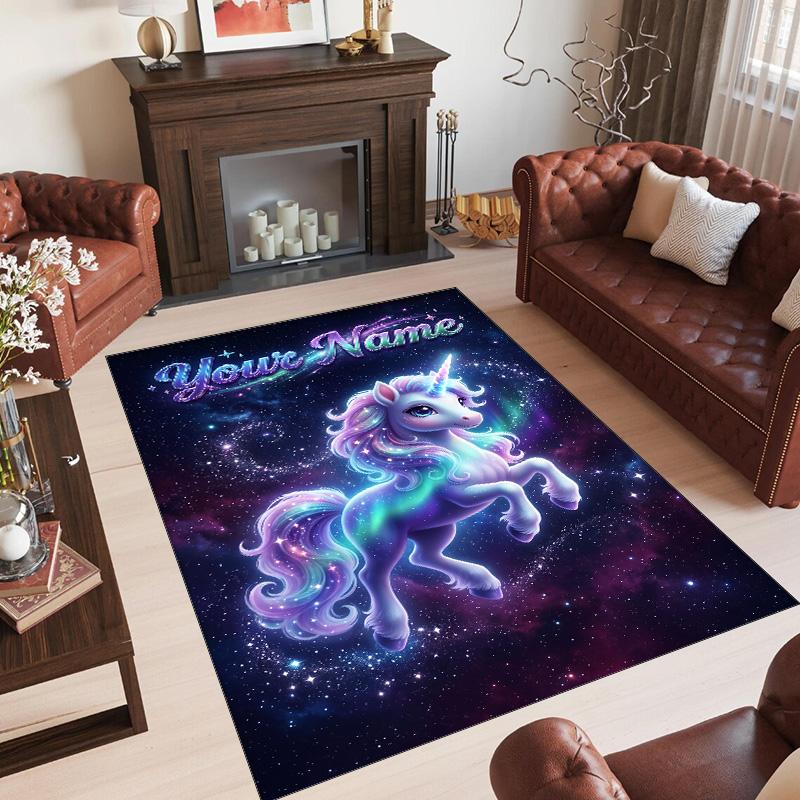 Unicorn Theme Crystal Velvet Floor Rug Personalized Custom Name Text Warm Carpet Home Decoration