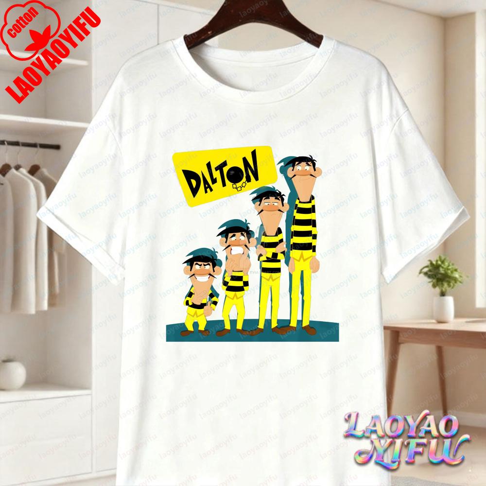 Dalton Brothers Cartoon Print Unisex Cotton TShirt Lucky Luke Summer Casual Tee for Unisex Women Trendy Family Matching Outfits