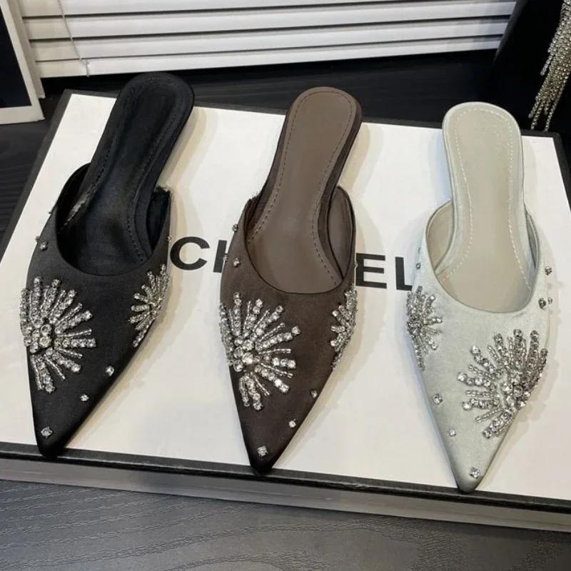 Модные хрустальные туфли-мюли на каблуке с острым носком, элегантные босоножки на каблуке, летние шлепанцы для вечеринок 2025, новая роскошная женская обувь