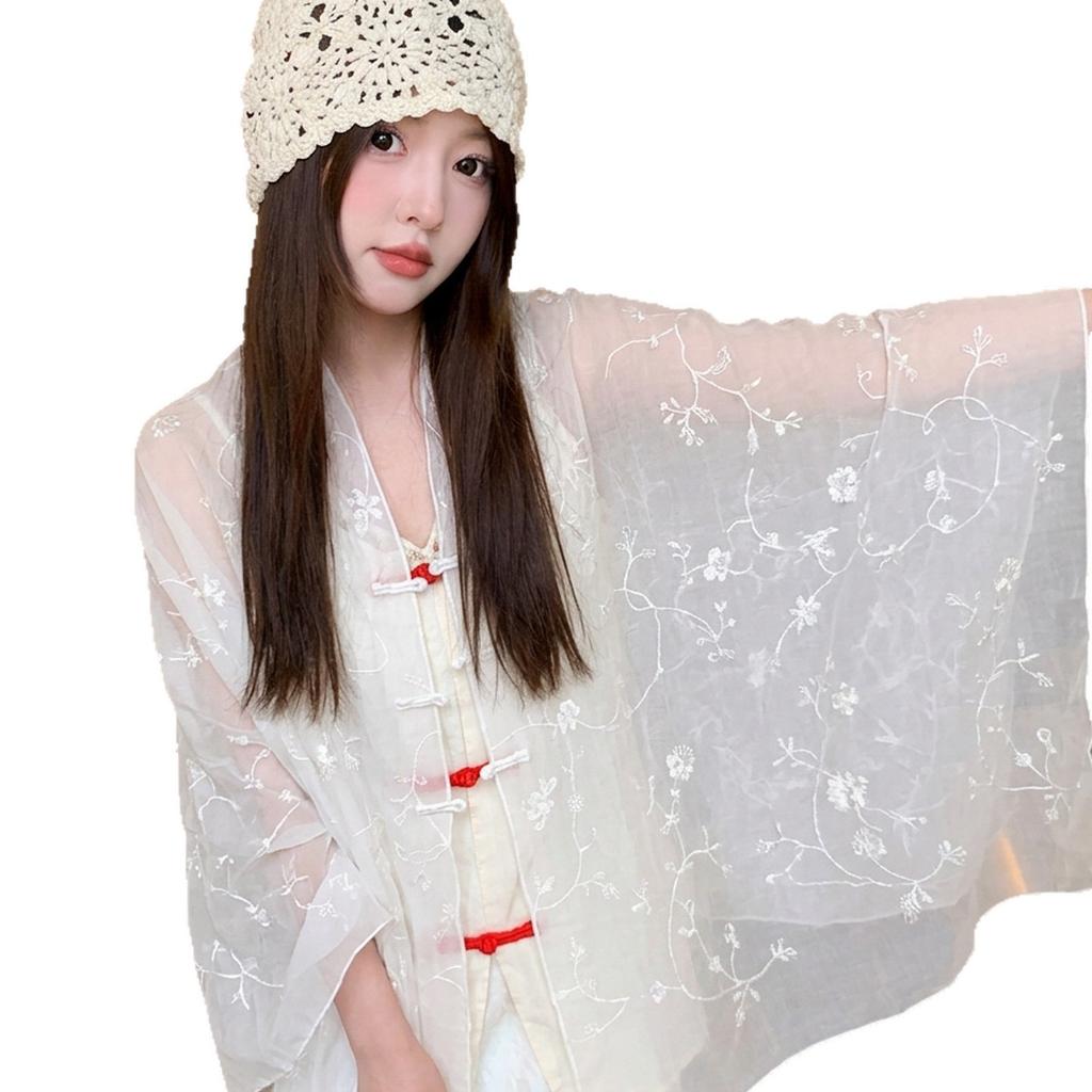 New Chinese ethnic style embroidered flower shawl antique buckle cardigan loose long women's cotton and linen travel scarf