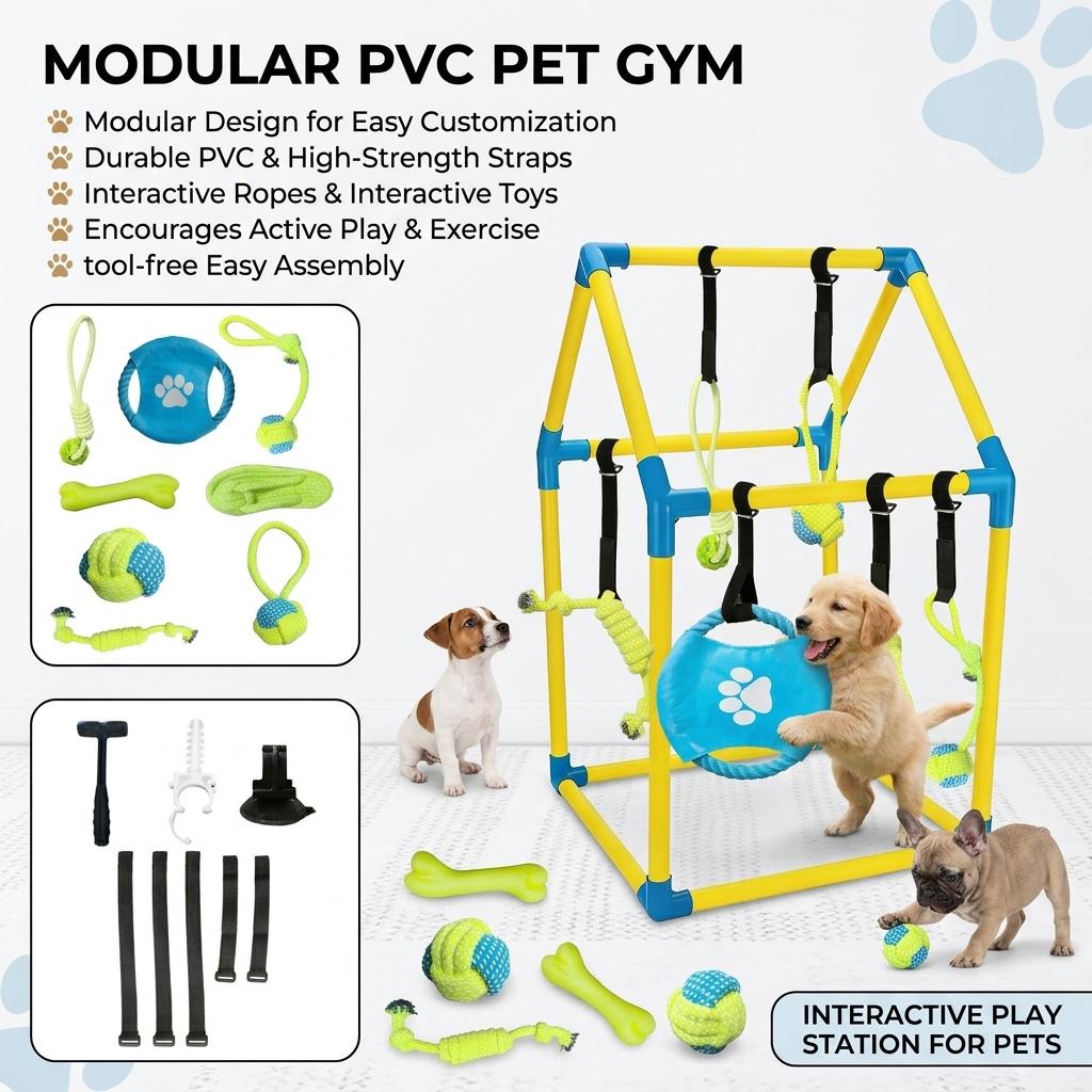 PVC Modular Dog Gym Frame With Hanging Toy Bracket For Small Medium Dogs