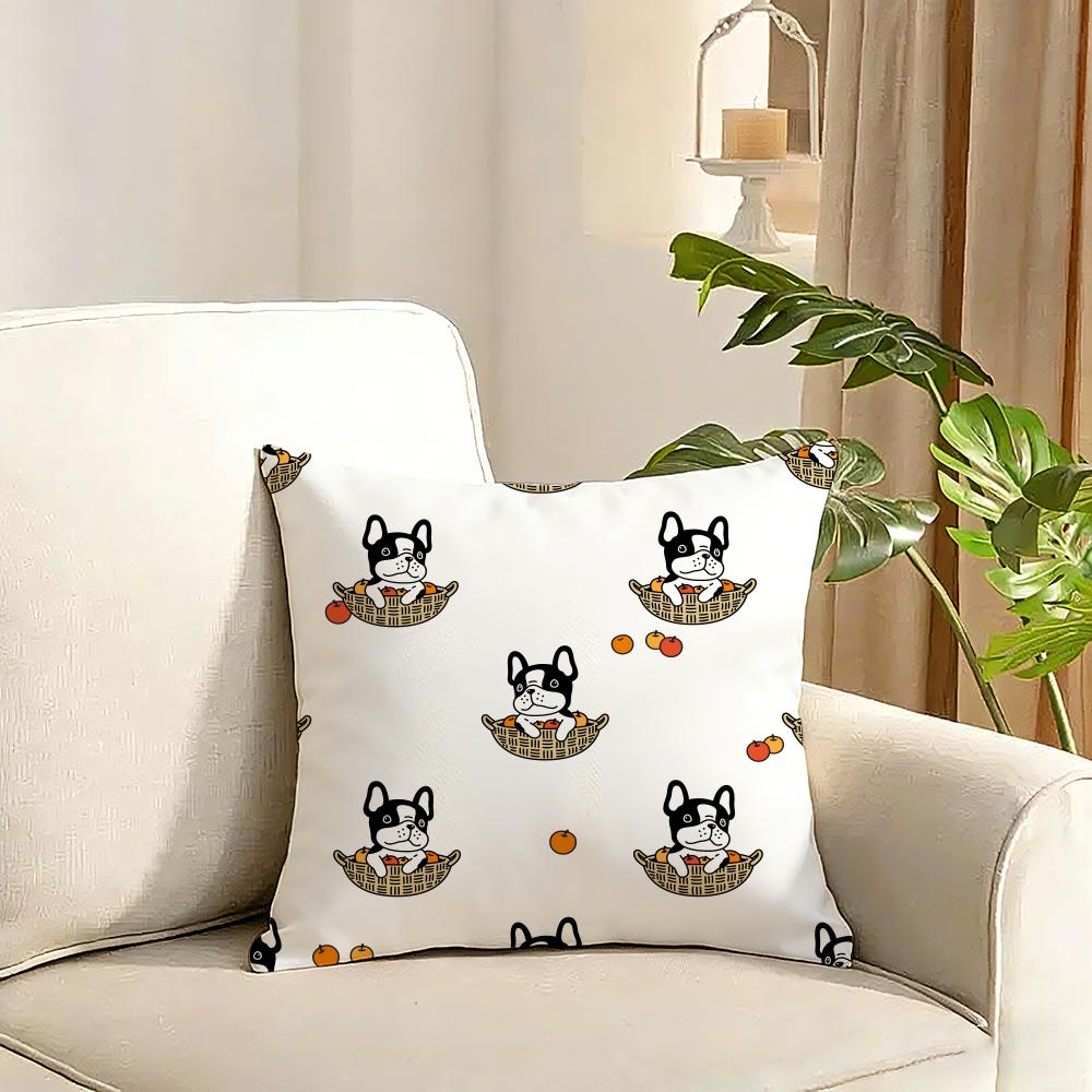 Cartoon French Bulldog Pattern Cushion Cover Reversible Plush Pillow Cover Soft Fluffy Home Decor for Sofa Bedroom