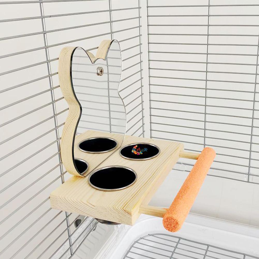 Kolip Parrots Mirror With Feeder Cups Bowl Wooden Birds Interactive Self-happy Toy Puzzle Toy