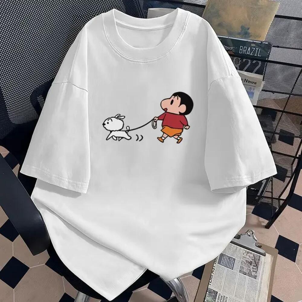 Crayon Shin Chan Shiro Walking Print Casual T Shirt Cute Anime Short Sleeve Tee for Unisex Women