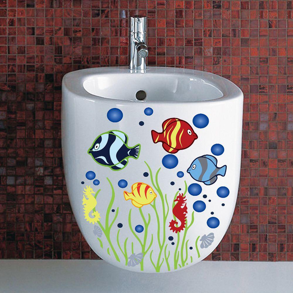 3D Home Decor Bathroom Mural Art Cartoon Fish Toilet Stickers Underwater World Sea-lives Decals