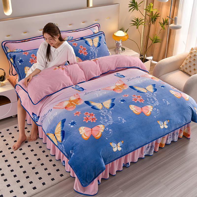 Утолщенный Молочный Флис Четырехпредметный Пододеяльник из Кораллового Флиса, Флисовая Простыня, Двустороннее Флисовое Фланелевое Постельное Белье, Юбка для Кровати