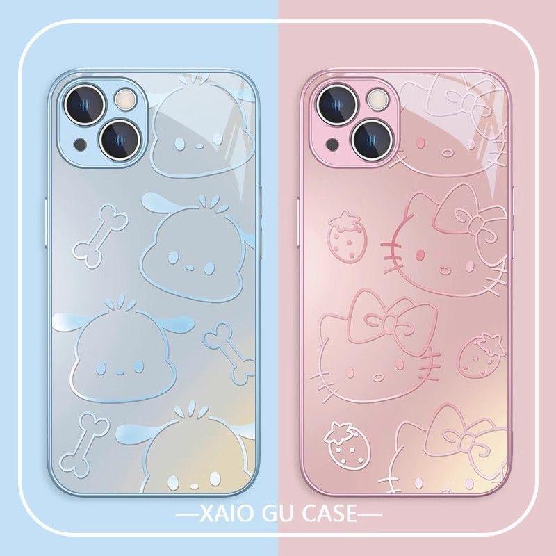 Luxury Hello Kitty Metallic-Color Phone Case For IPhone X XR XS 16 15 14 13 12 Mini 11 Pro Max 7 8 SE 20 Plus Glass Hard Cover