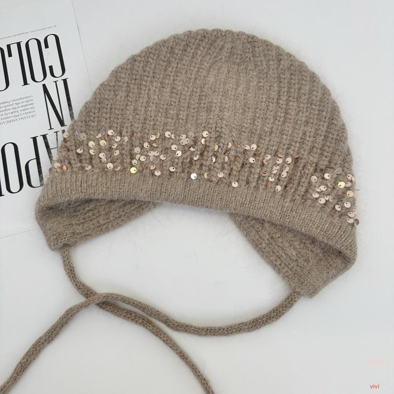 Rabbit hair blended split design knitted hat children's winter warm wool hat sequined ear protector pullover hat tide