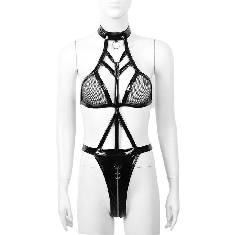 Sexy Lingerie Strap One-piece Halter Open Uniform Temptation Wild Patent Leather Lingerie Suit