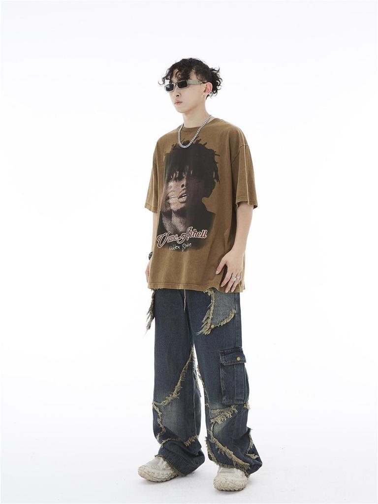 American Retro Distressed Wide-Leg Jeans with Pentagram Design and Big Pockets for Men