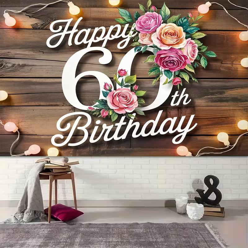 2D 60th Birthday Banner Rustic Wooden Floral Background for Women 60th Birthday Party Decoration