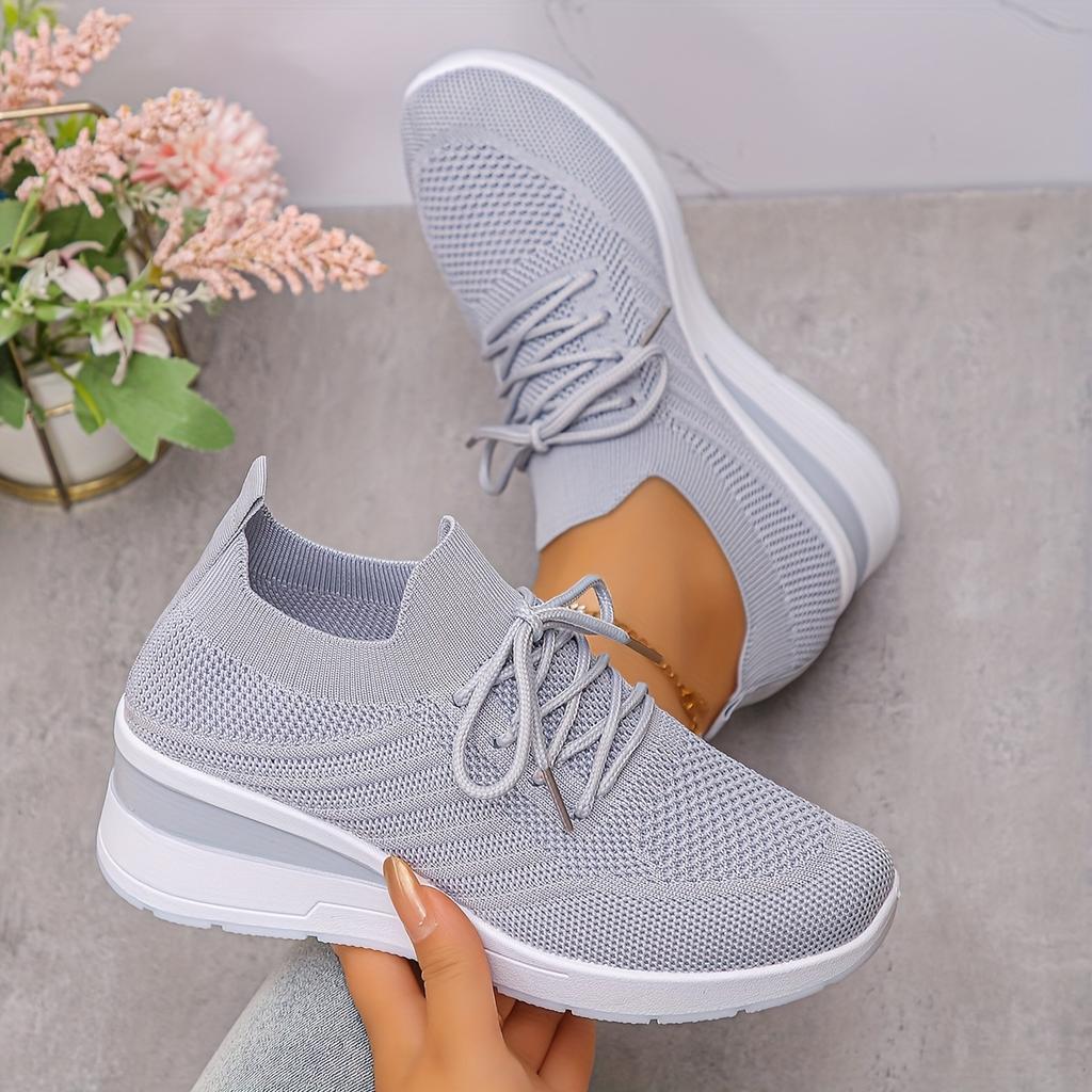 Pair of Women'S Low-Top Sneakers - Breathable Knit Fabric Upper, White & Gray Accents, Lace-Up Casual Shoes with Cushioned PVC Sole for All-Season
