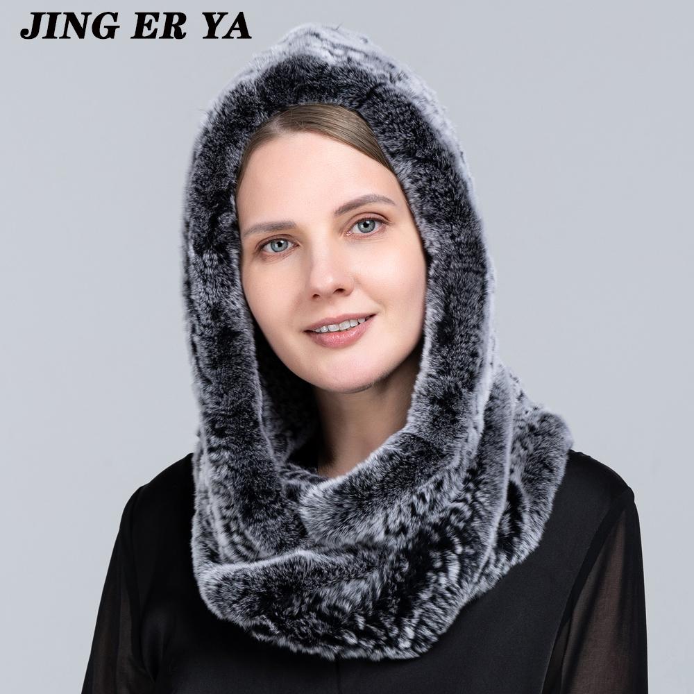 JINGERYA новая женская вязаная шапка с мехом кролика рекс, шарф с капюшоном, длинная зимняя теплая меховая шапка с шейным воротником, шарфы, шапка, шарф