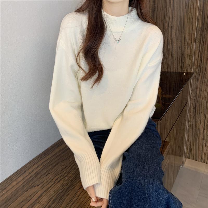 Корейский однотонный свитер с полувысокой горловиной для женщин, короткий модный повседневный трикотаж с однотонным пуловером внутри для осени и зимы