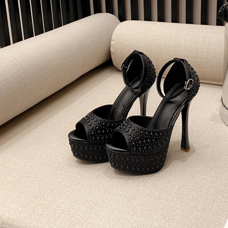 Fashionable High-heeled Sandals With Pearl Straps, Sexy Super High Heels, Waterproof Platform, 14cm.