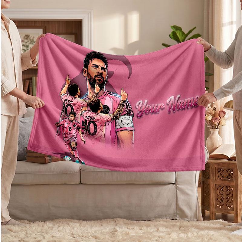 Lionel Messi Personalized Fleece Blanket With Football Logo, Custom Name Text Soft Warm Home Throw Blanket