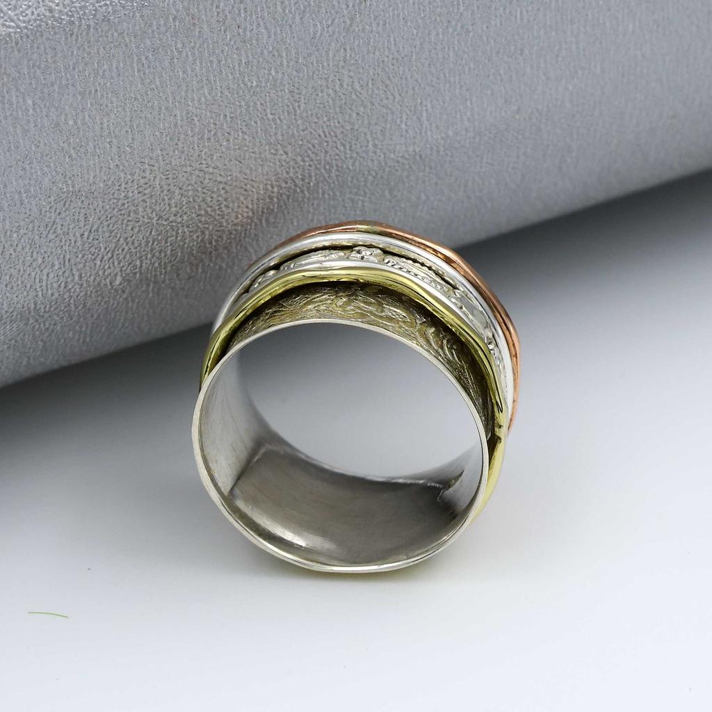 Кольцо-спиннер, трехцветное кольцо, дизайнерское кольцо, кольцо ручной работы, модные украшения, свадебный подарок, серебро 925 пробы