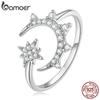 BAMOER 925 Sterling Silver Star and Moon Adjustable Ring Pave Setting CZ Open Ring for Women Anniversary Gift
