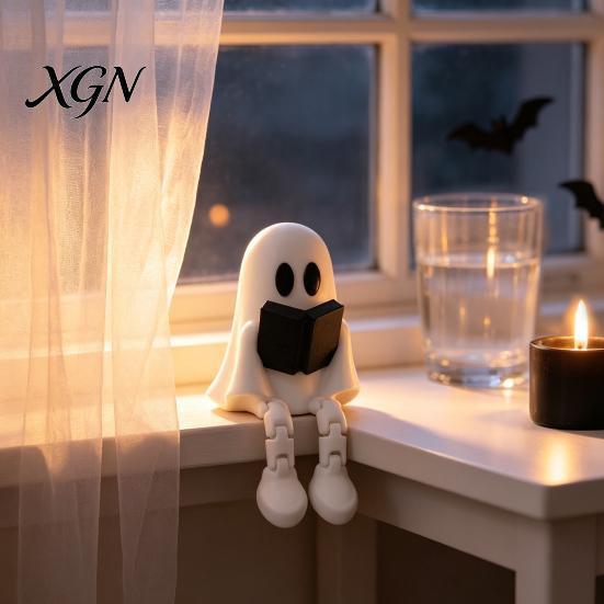 Desktop Ghost Figurine Reading with Articulated Legs, 3D Printed Sitting PLA Ornament Statue, White Desk for Halloween Decoration Miniature Decor