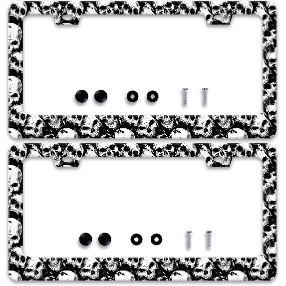 2 Pcs Grey Black Leopard Print License Plate Frame Cheetah License Plate Frames Personalise Stainless Steel Funny Design Compatible with Standard