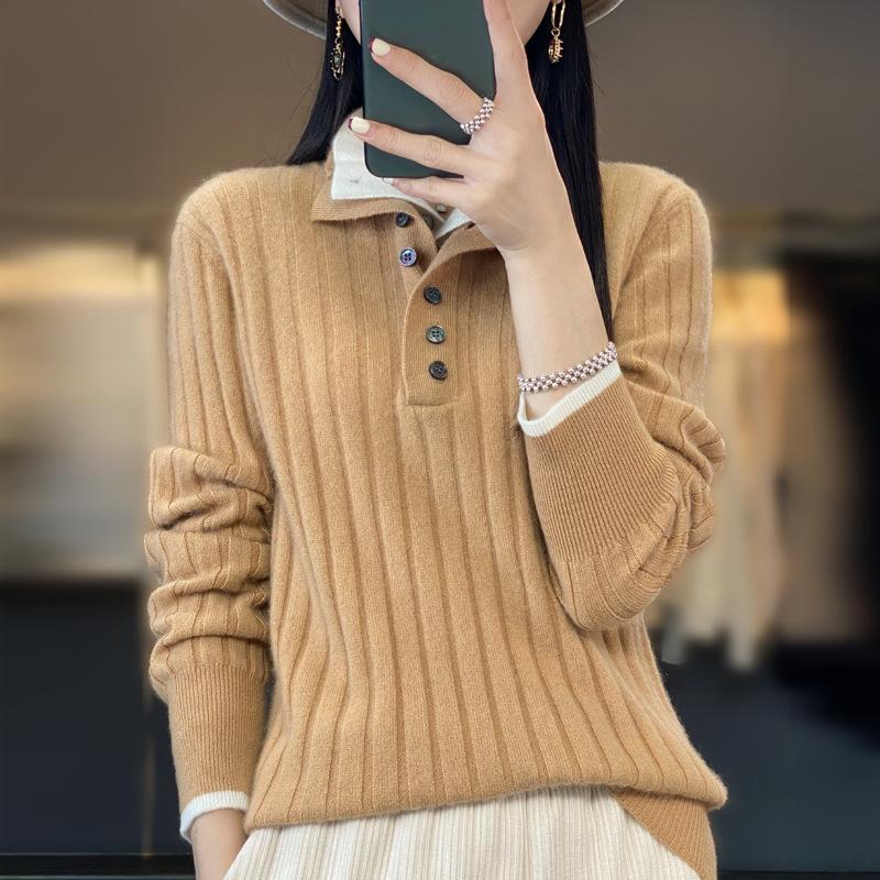 Women Autumn Winter Casual Turn Down Collar Pullover Cashmere Sweater Wool Knitwear Clothing