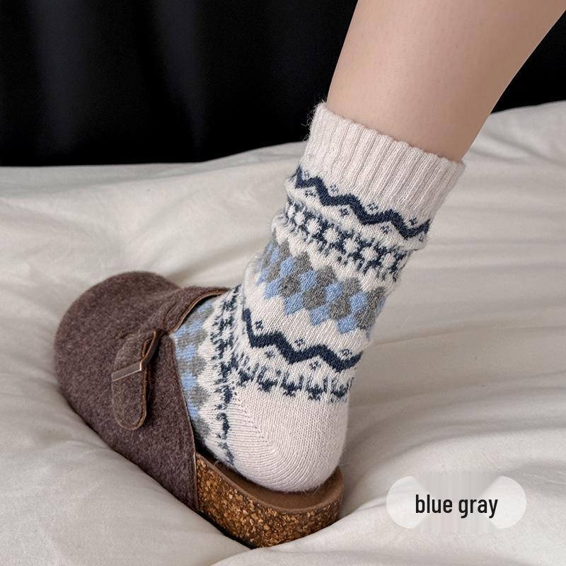 Женские винтажные шерстяные носки в стиле Fair Isle, утолщенные теплые до середины икры, осенне-зимние, кофейного цвета, до колена.