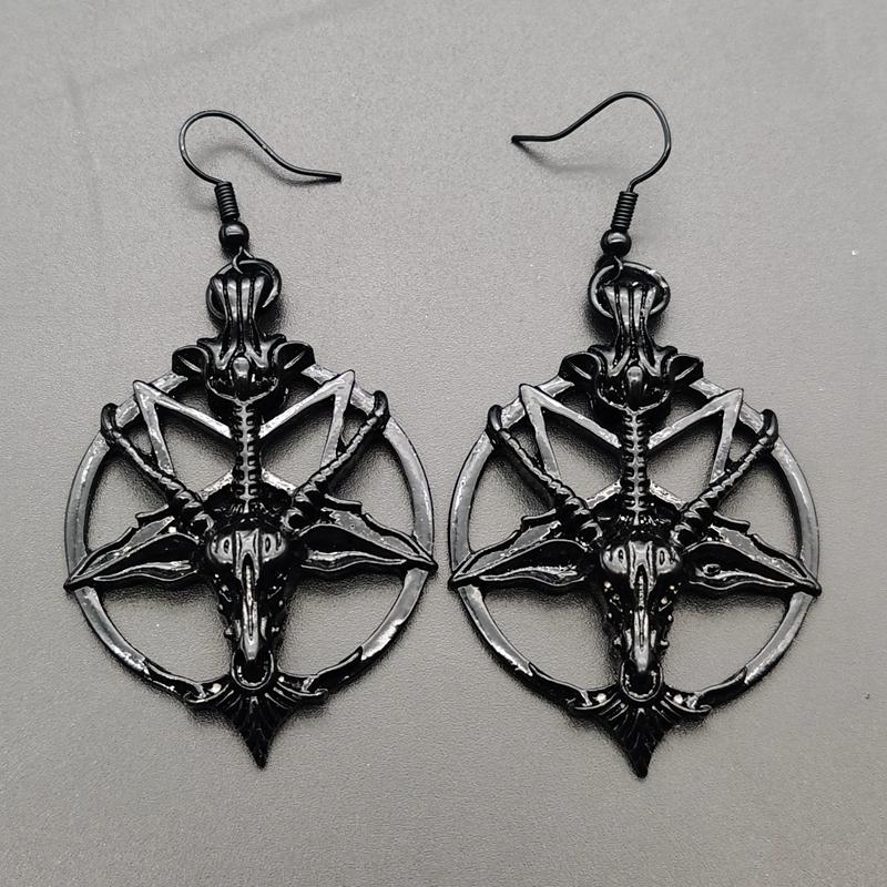 New Fashion Glamour Retro Women's Pentagram Pan God Skull Goat Head Pendant Earrings Black Silver Color Gothic Witch Jewelry
