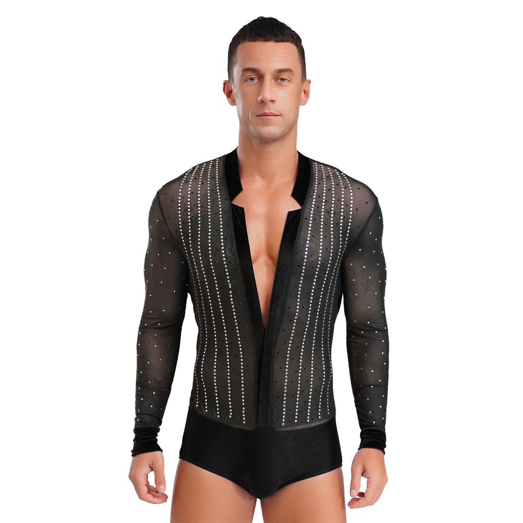 Men Latin Dance Leotard Mesh Long Sleeve Deep V Neck Velvet Shiny Rhinestones Bodysuit