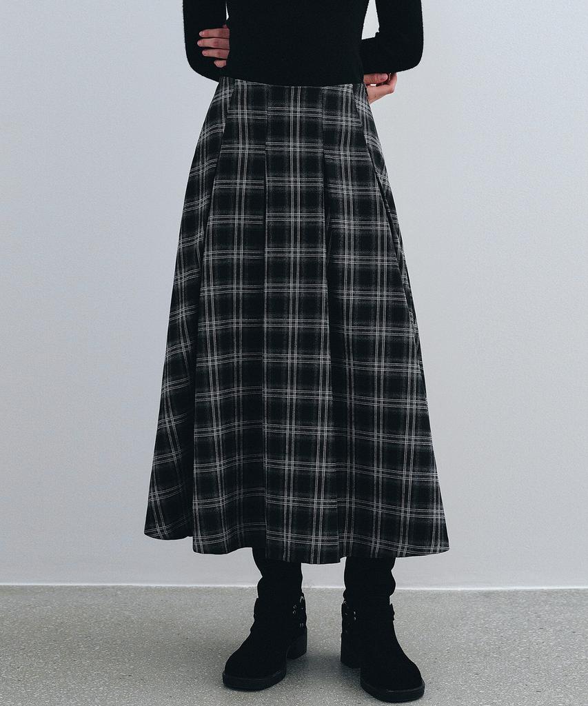 Roeil Flare Check Long Skirt - Black