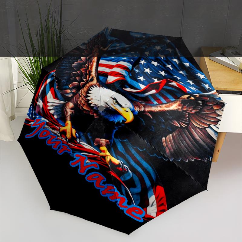 1PC Custom Name American Eagle Flag Art Automatic Folding Umbrella Compact Travel Umbrella for Men & Women, Ideal Gift for Christmas, Birthdays, Hallo
