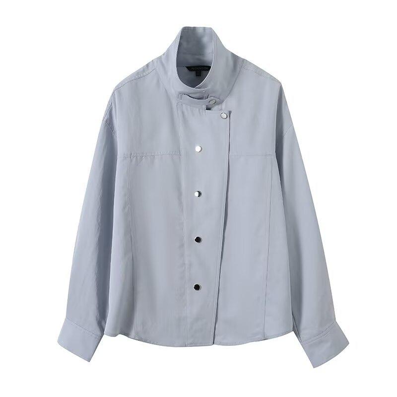 European and American style, new women's clothing, foreign French design, intelligent commuter high-necked long-sleeved shirt