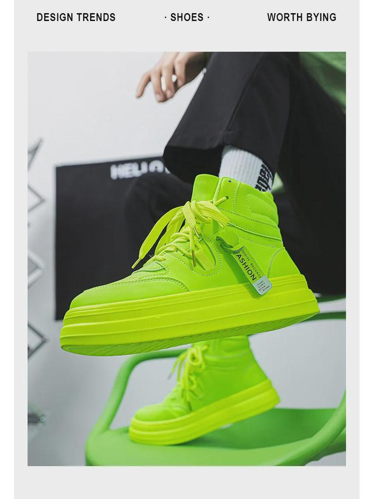 Мужские высокие кроссовки — новые осенние модели с толстой подошвой, визуально увеличивающей рост, модный флуоресцентно-зеленый цвет в гонконгском стиле.
