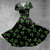 Women's V-neck St. Patrick's Day Printed Waisted Shirred Short Sleeve Dress