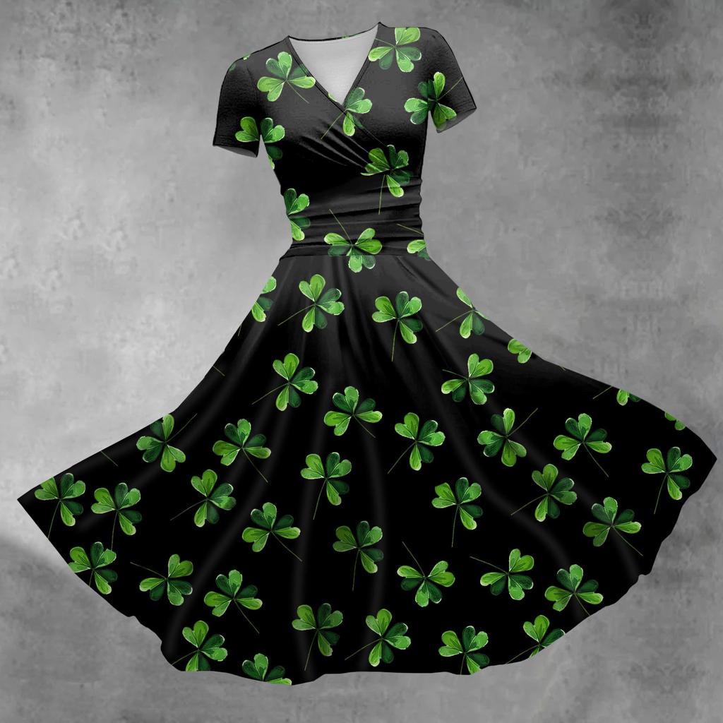 Women's V-neck St. Patrick's Day Printed Waisted Shirred Short Sleeve Dress