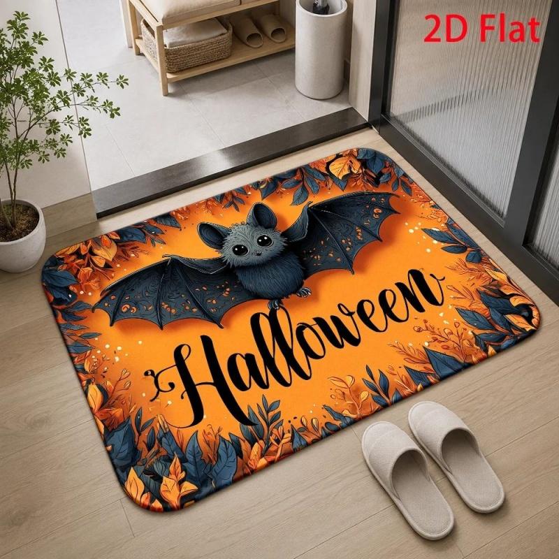 Happy Halloween Ghost Pumpkin Bat Letter‑printed Entry‑way Doormat, Cute Spooky‑style Floor Rug, Household Decor Mat
