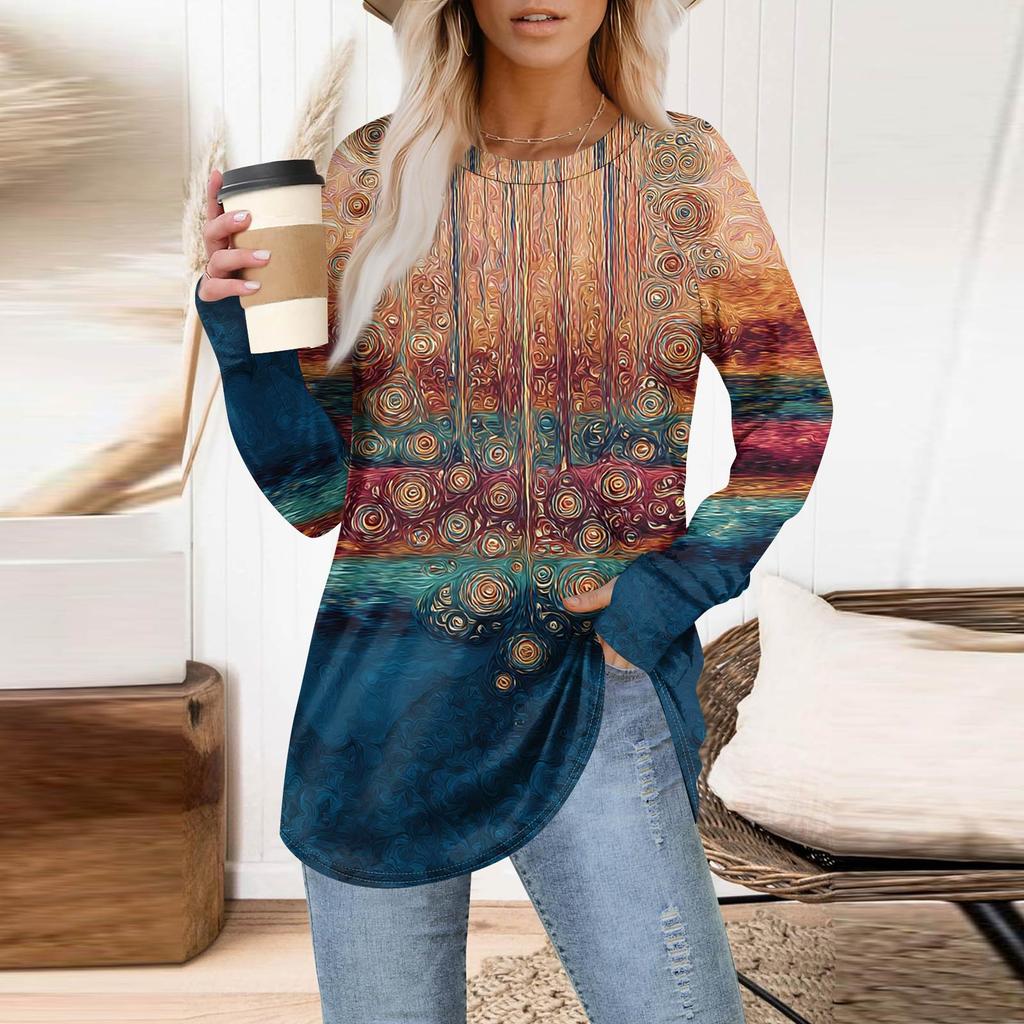 Womens Oversized Sweatshirt Graphic Sweater Long Sleeve Drop Shoulder Round Shirt Tops Vintage Clothes