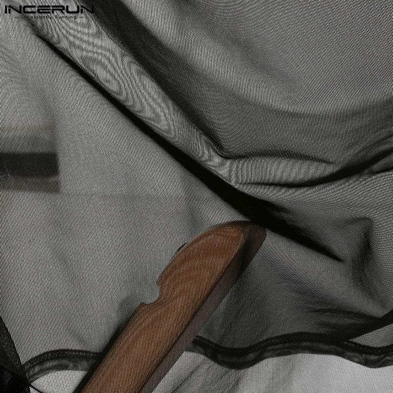 INCERUN Мужские сетчатые футболки с высоким воротом и длинным рукавом