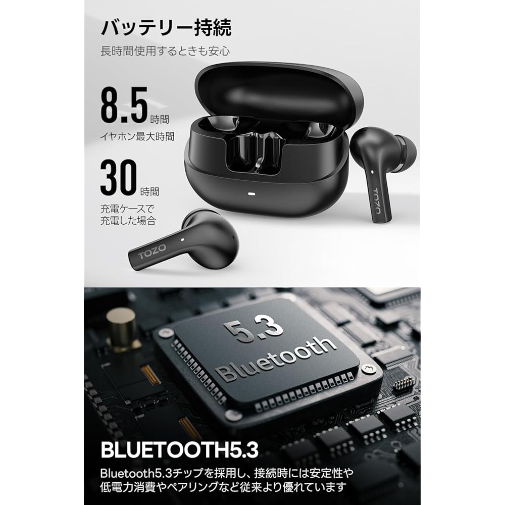 TOZO E2 True Wireless Earbuds, In-Ear Design, Bluetooth 5.3 Compatible, Independent Left and Right Earbuds, Stable Connection, Low Latency, Deep Bass,