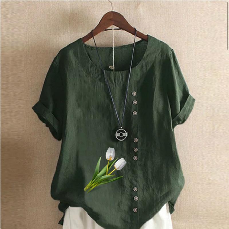Women's Fashion Round Neck Short Sleeve T-shirt Casual Cotton Linen Graphic Shirt Leisure Loose Tulips Prined Summer Blouse Tops